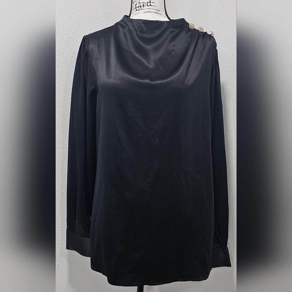 Daisysilk Women's Mock Neck Black Silk Blouse Gold Button Accent SZ Large NWOT